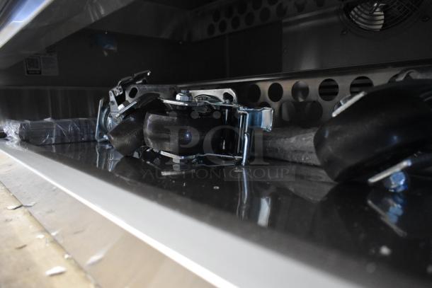 Brand new 2025 Avantco 178CBE60HC 2 Drawer Chef Base with commercial casters, visible undercarriage detail, 115V, 1 Phase.