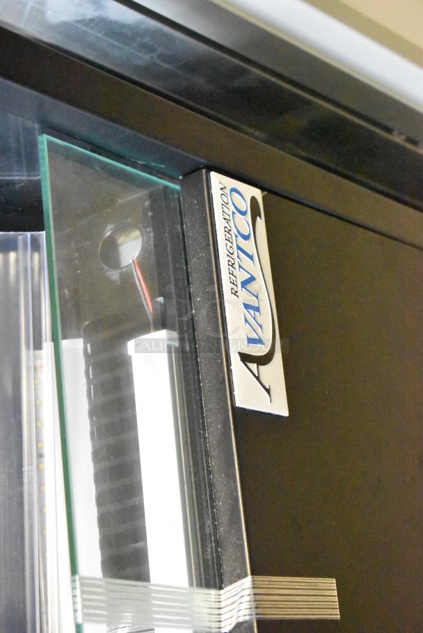 Avantco 193VOA60B black vertical open air merchandiser with LED lighting, visible logo, and minor scratches. 115V, 1 Phase.