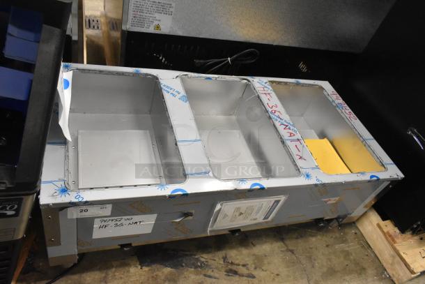 Brand new 2025 Advance Tabco HF-3G-NAT gas hot food table, three-pan open well, 10,500 BTU, labeled with model info.