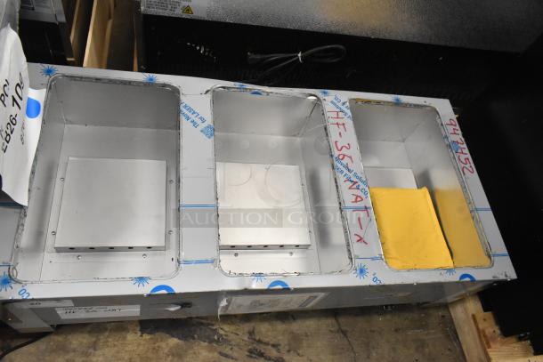 Brand new 2025 Advance Tabco HF-3G-NAT commercial hot food table, open well, 3 pans, 10,500 BTU, minor scratches and dents.