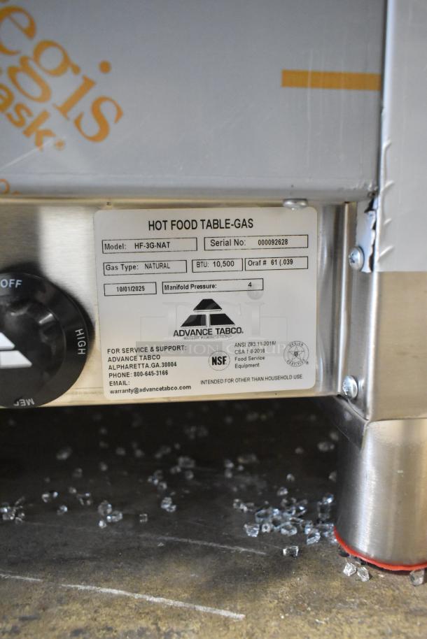 Advance Tabco HF-3G-NAT hot food table label, 10,500 BTU, natural gas, brand new condition. Model and serial details shown.