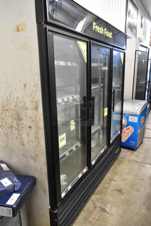 True GDM-72 commercial reach-in cooler, 3 glass doors, labeled "Fresh Food," in used condition, 115 volts, 1 phase.