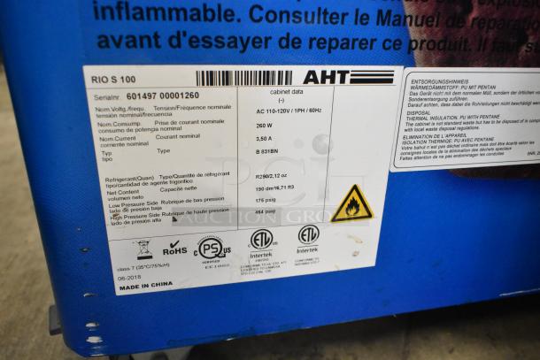 AHT RIO S 100 commercial ice cream chest freezer, 115V, on casters, label shows serial 60149700001260, made in China.