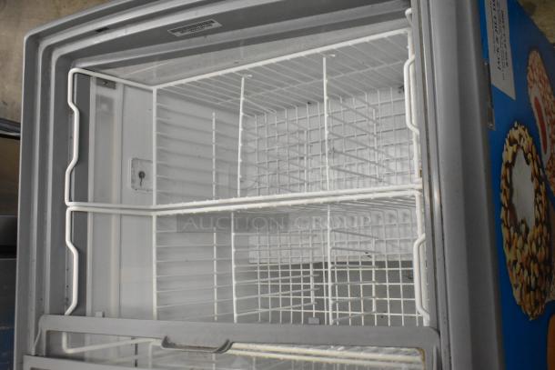 AHT RIO S 100 Ice Cream Chest Freezer, commercial novelty, white wire shelves, on casters. 115V, 1 Phase. Visible label on top.