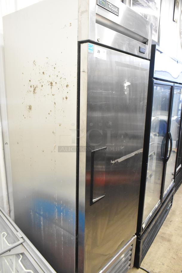 2019 True T-23F-HC Single Door Freezer on casters, stainless steel, wear marks visible, 115V, 1 phase.