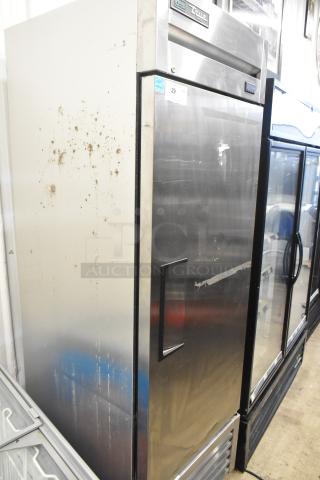 2019 True T-23F-HC Single Door Freezer on casters, stainless steel, wear marks visible, 115V, 1 phase.