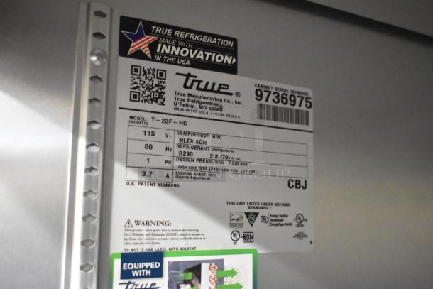 2019 True T-23F-HC Commercial Freezer label showing model, voltage (115V), phase (1), and refrigerant (R290).