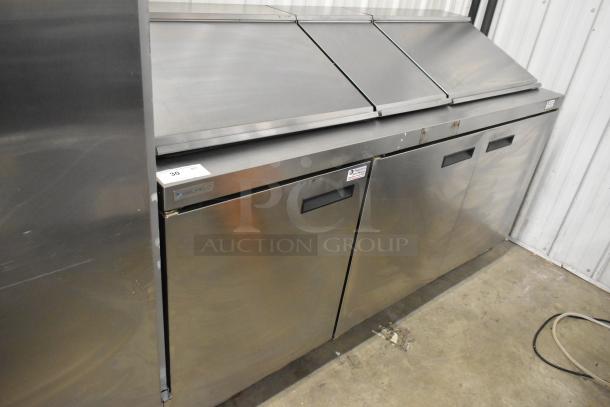 2019 Delfield 4472N-30M-TS11 sandwich salad prep table, stainless steel, with bain marie top on casters, 115V, 1 phase.
