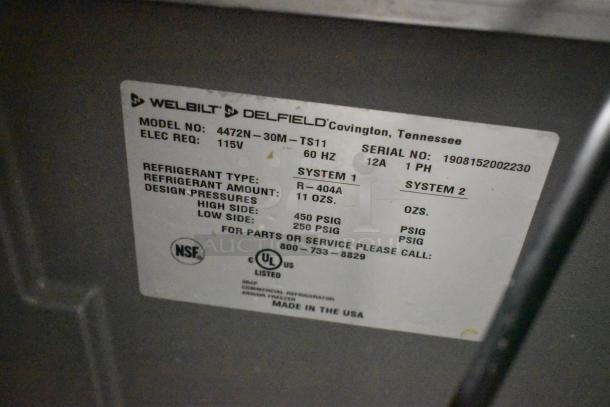 2019 Delfield 4472N-30M-TS11 Commercial Sandwich Prep Table label, 115V, R-404A refrigerant, NSF and UL listed. Made in USA.