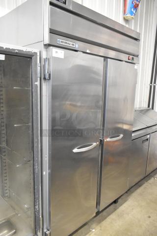 Beverage Air HR2-1S commercial 2-door reach-in cooler on casters. Stainless steel finish, 115 volts, 1 phase.