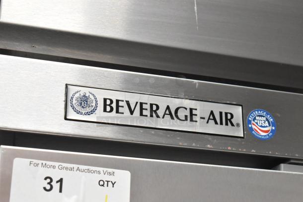 Beverage Air HR2-1S 2 Door Commercial Cooler on Casters; "Made in USA" sticker visible; Model HR2-1S; 115V, 1 Phase.