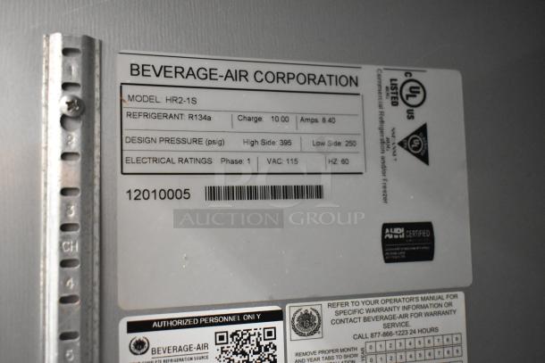Beverage Air HR2-1S commercial cooler label, shows model, refrigerant type, electrical ratings, and UL certification.