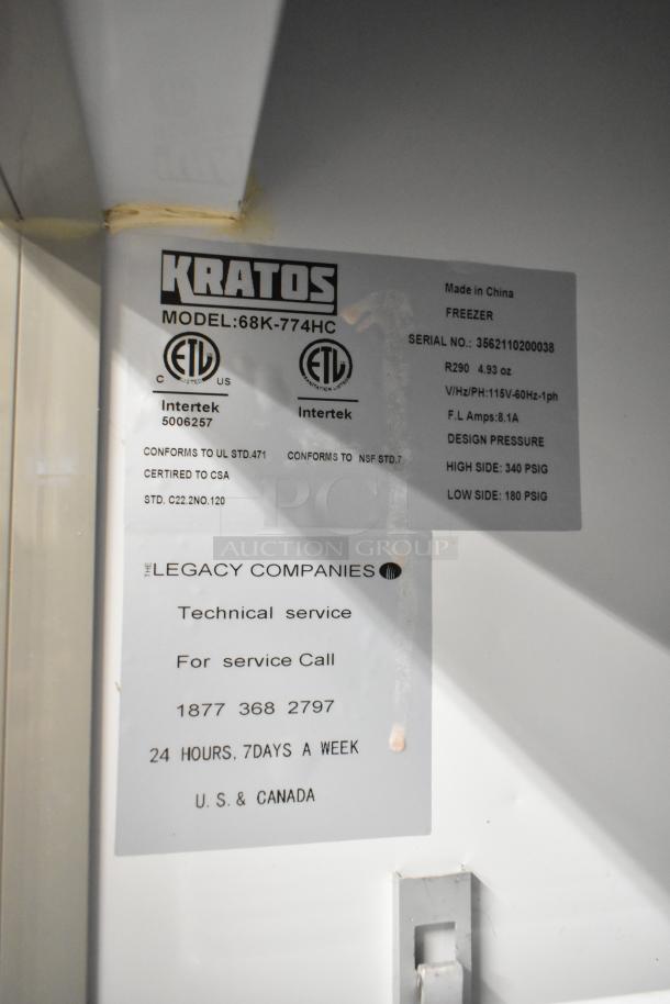 Kratos 68K-774HC label showing model, serial number, ETL certification, voltage, and technical service info.