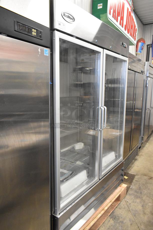 2025 KoolMore RIR-2D-GD Commercial 2 Door Cooler, scratch and dent, 115V, 1 Phase, stainless steel with glass doors.