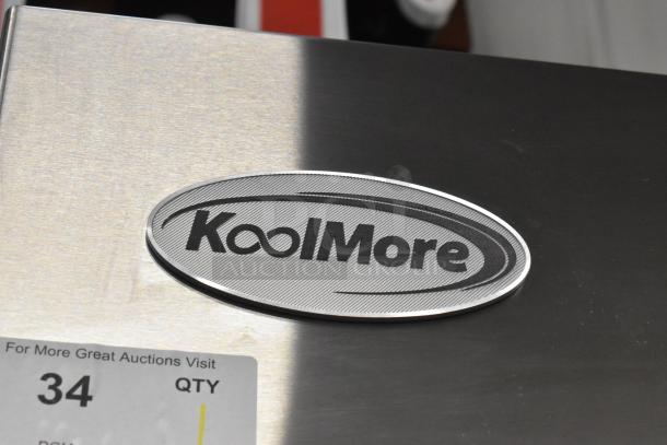 Brand new KoolMore RIR-2D-GD commercial cooler, stainless steel with logo, 2-door, 115V, 1 phase, minor scratches.