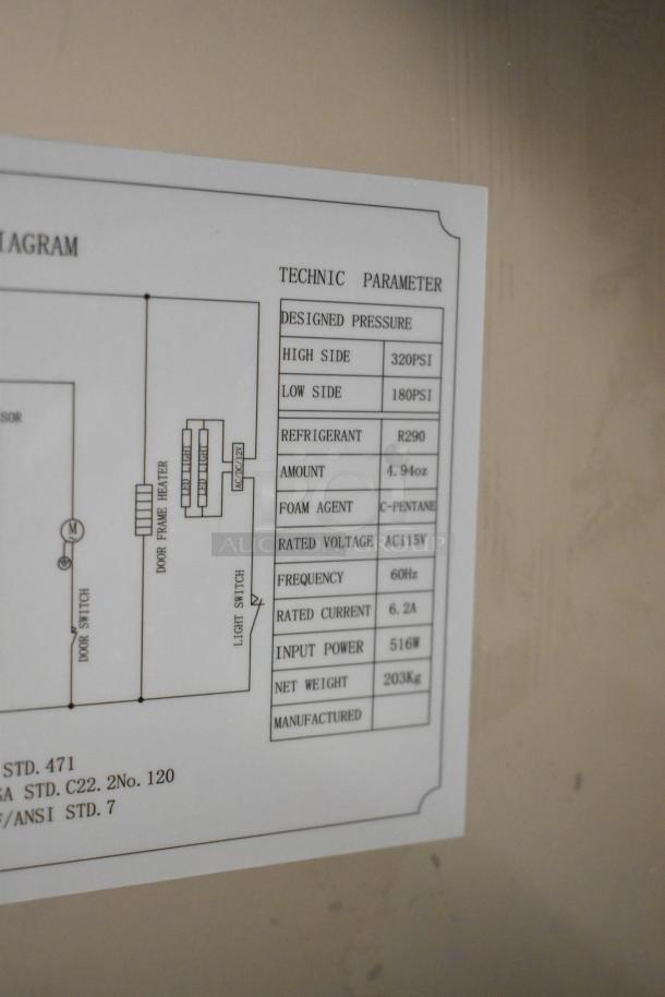 Label of 2025 KoolMore RIR-2D-GD cooler showing technical parameters: 115 volts, 1 phase, R290 refrigerant, 516W input power.