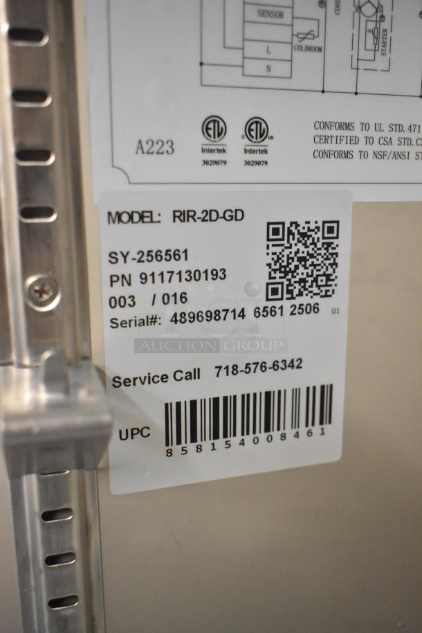 Label for KoolMore RIR-2D-GD cooler. Model, serial number, and UPC visible. ETL certification marks included.