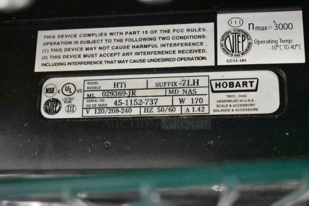 Hobart HTi-7LH scale label, UL listed, 120/208-240V, missing right legs, tested working, no power cord included.