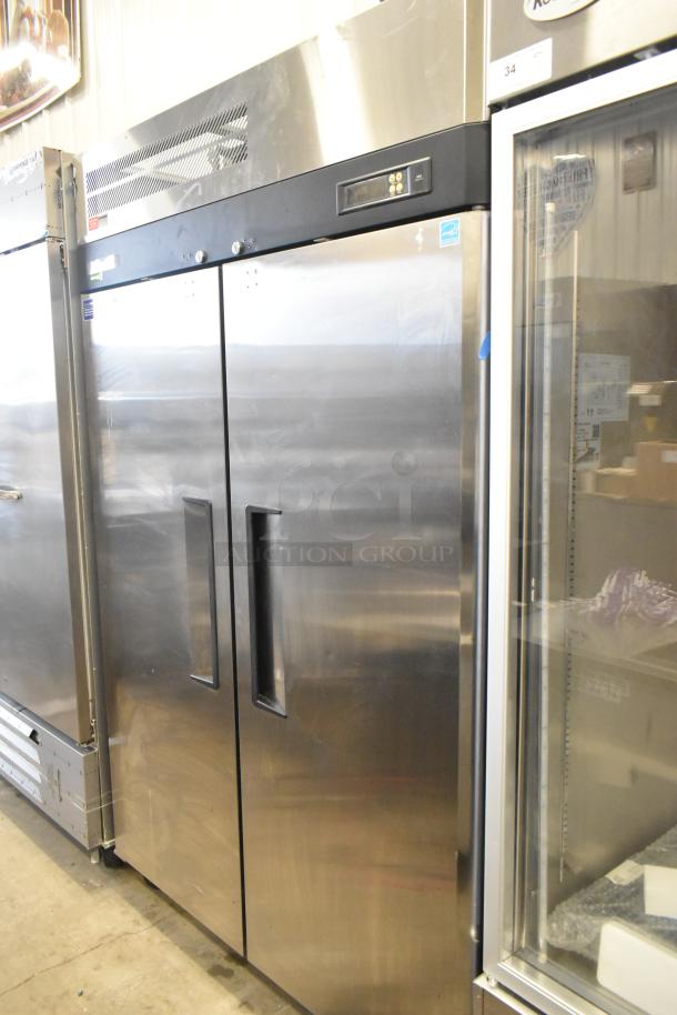 Turbo Air M3R47-2-N Commercial 2 Door Reach In Cooler on Casters, 115V, 1 Phase, stainless steel, digital display.