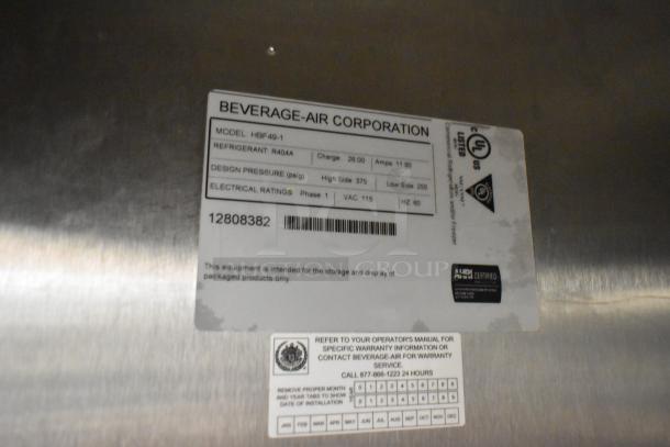 Beverage Air HBF49-1 commercial 2-door reach-in freezer label, 115 volts, 1 phase, UL certified, model and specs visible.