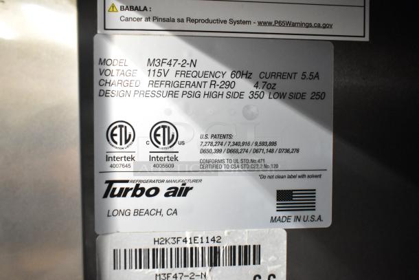 Turbo Air M3F47-2-N commercial freezer label, showing model, voltage (115V), ETL certifications, and made in USA.