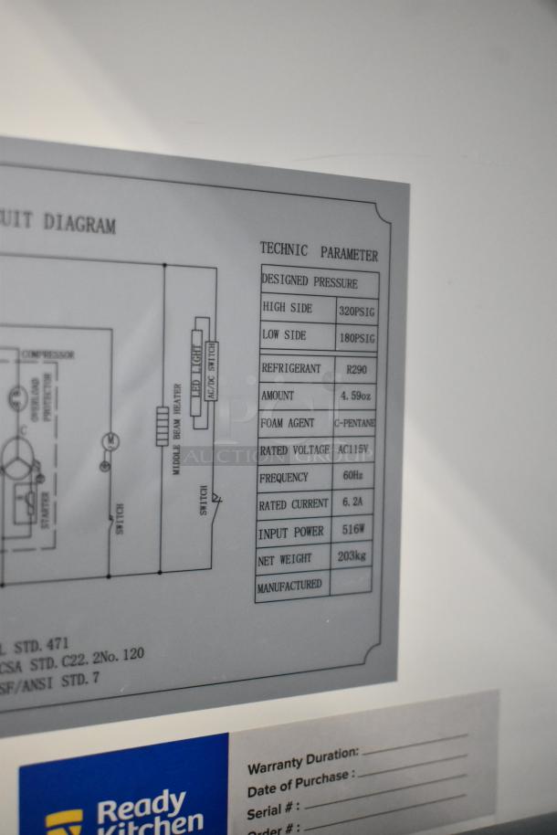 2025 Avantco 178A49RHC 2-door reach-in cooler with circuit diagram and technical specifications on label, 115V.