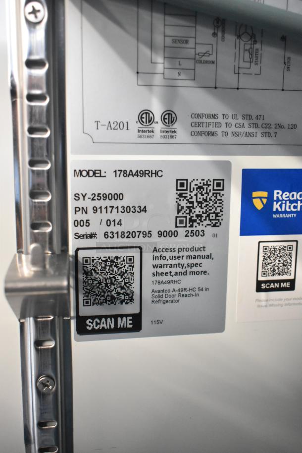 Avantco 178A49RHC Commercial 2 Door Reach In Cooler label, showing model, serial number, and 115V specification.