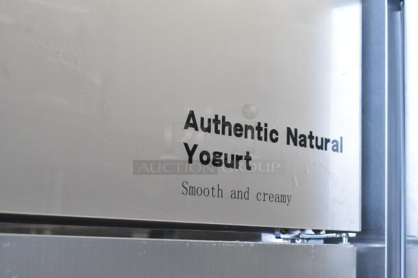 2021 COW800 Commercial 2 Door Reach In Cooler, 115 Volts, 1 Phase, on casters. Label reads "Authentic Natural Yogurt."