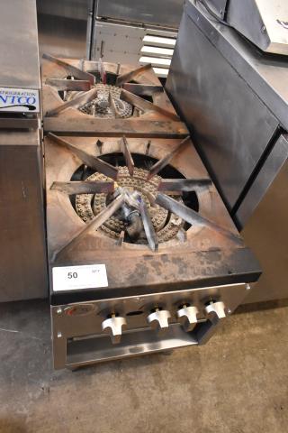 Cooking Performance Group 351CPGDSPRN natural gas stock pot range, 2 burners, 160,000 BTU, used condition, control knobs visible.