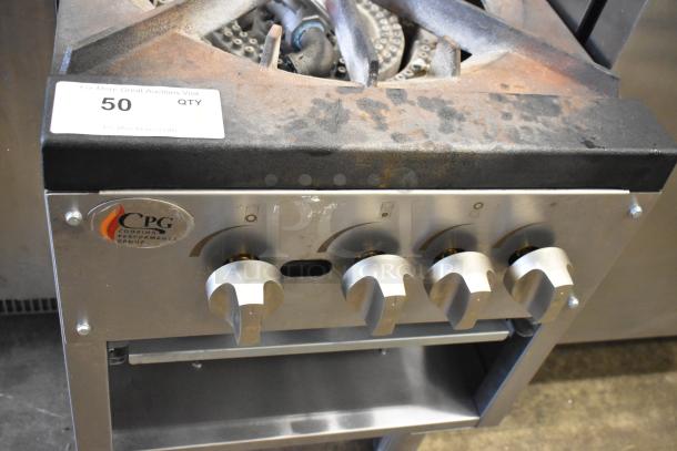 Cooking Performance Group CPG 351CPGDSPRN 2 Burner Stock Pot Range, natural gas, 160,000 BTU, visible wear, model tag.