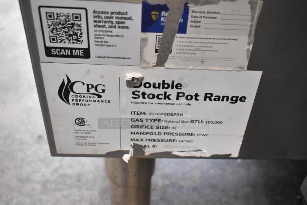 Cooking Performance Group CPG 351CPGDSPRN Natural Gas 2 Burner Stock Pot Range label, 160,000 BTU, commercial use.
