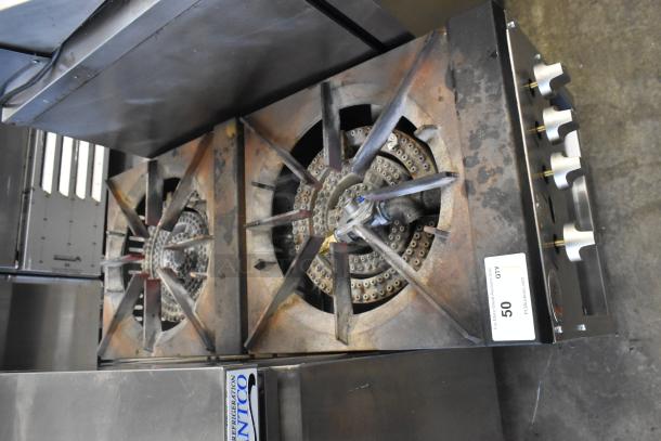 Cooking Performance Group CPG 351CPGDSPRN natural gas 2 burner stock pot range, 160,000 BTU, visible wear, model tag present.