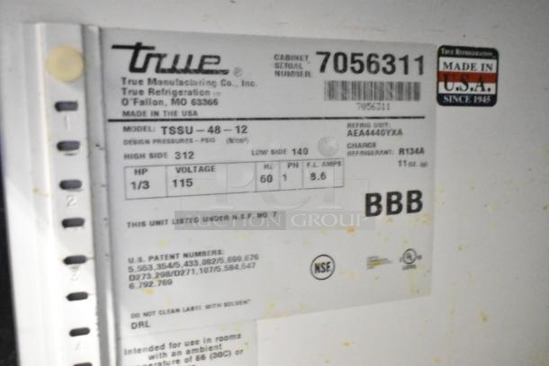 True TSSU-48-12 commercial prep table label showing model, voltage 115V, 1 phase, made in USA.