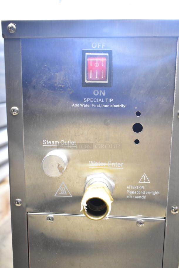 Wonder AMZ-B-20 hot water dispenser, stainless steel, 120V, 1 Phase. Features steam outlet, water entry. "Add water first" label.