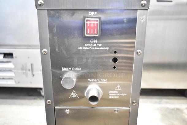 Wonder AMZ-B-20 commercial countertop hot water heater with steam outlet and water enter ports, 120V, 1 phase, stainless steel.