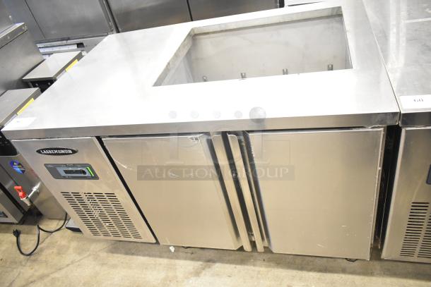 Lasbem HZ0.2L2-CPL sandwich salad prep table, stainless steel, 220V, open top Bain Marie, dual doors, commercial use.