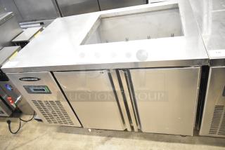 Lasbem HZ0.2L2-CPL sandwich salad prep table, stainless steel, 220V, open top Bain Marie, dual doors, commercial use.