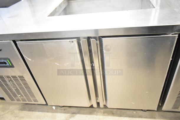 Lasbem HZ0.2L2-CPL commercial prep table, stainless steel, open top, 220V, scratch marks, dual doors, model details visible.