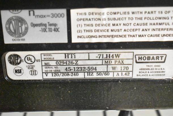 2021 Hobart HTi-7LH4W commercial scale label, model and serial number visible. 120/208-240V, tested and working.