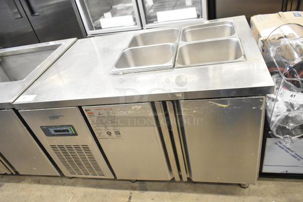 Lasbem HZ0.2L2-CPL Commercial Sandwich Salad Prep Table Bain Marie with open top, 220V, visible wear, metal finish.