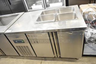 Lasbem HZ0.2L2-CPL Commercial Sandwich Salad Prep Table Bain Marie with open top, 220V, visible wear, metal finish.