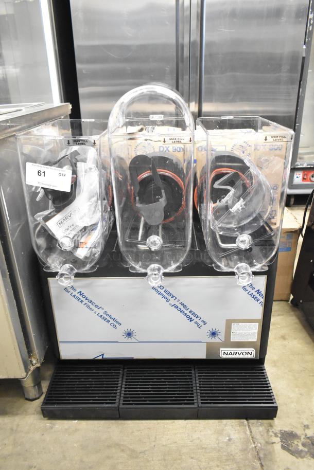 Brand new Narvon 378RBD5G3 triple 5-gallon bowl refrigerated beverage dispenser. Scratch and dent condition, 115V, 1 Phase.