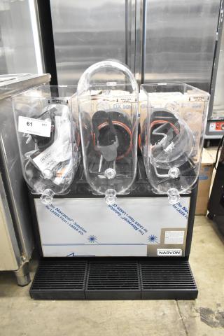 Brand new Narvon 378RBD5G3 triple 5-gallon bowl refrigerated beverage dispenser. Scratch and dent condition, 115V, 1 Phase.