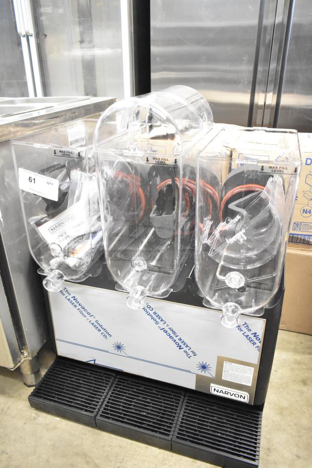 Brand new Narvon 378RBD5G3 triple 5-gallon bowl refrigerated beverage dispenser. 115V, 1 phase. Scratch and dent condition.