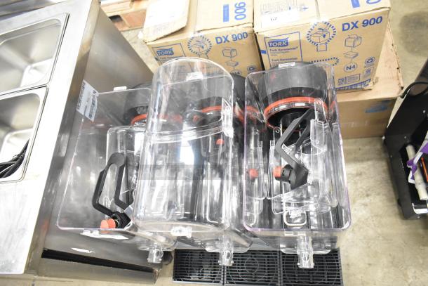 Brand new Narvon 378RBD5G3 triple 5-gallon bowl beverage dispenser, 115 volts, 1 phase, clear bowls, scratch and dent condition.