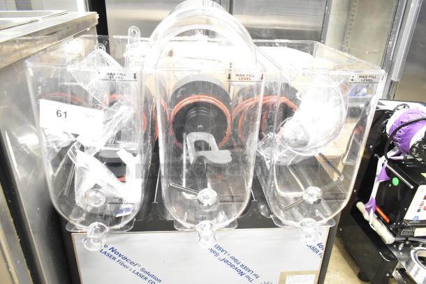 Brand new Narvon 378RBD5G3 triple 5-gallon bowl beverage dispenser with minor scratches. 115V, 1 phase, max fill markings.