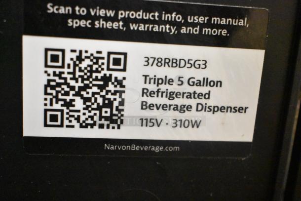 Label on Narvon 378RBD5G3 Triple 5 Gallon Bowl Refrigerated Beverage Dispenser, displaying model, voltage, and website QR code.