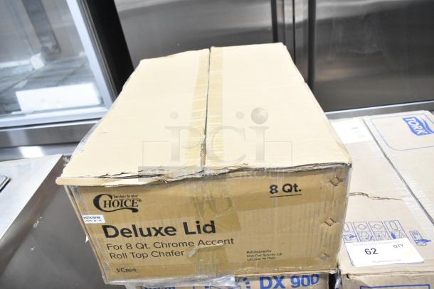 Boxed items including Choice Deluxe Lid for 8 Qt Roll Top Chafer, Tork DX900 Napkins, Zurn Z1996-24 Mop Basin.