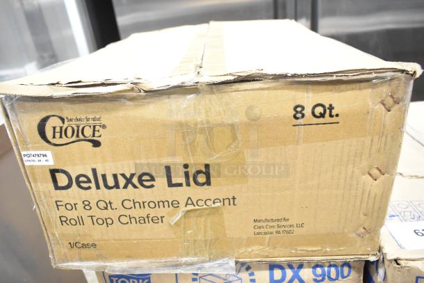 Choice Deluxe Lid for 8 Qt Chrome Accent Roll Top Chafer box, visible text includes "8 Qt" and manufacturer details.