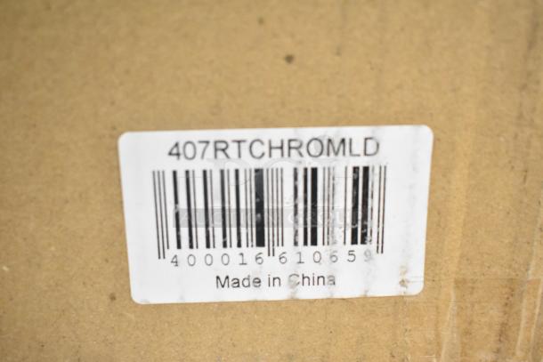 Barcode label on cardboard box, marked "407RTCHROMLD, Made in China," with visible barcode and number sequence.